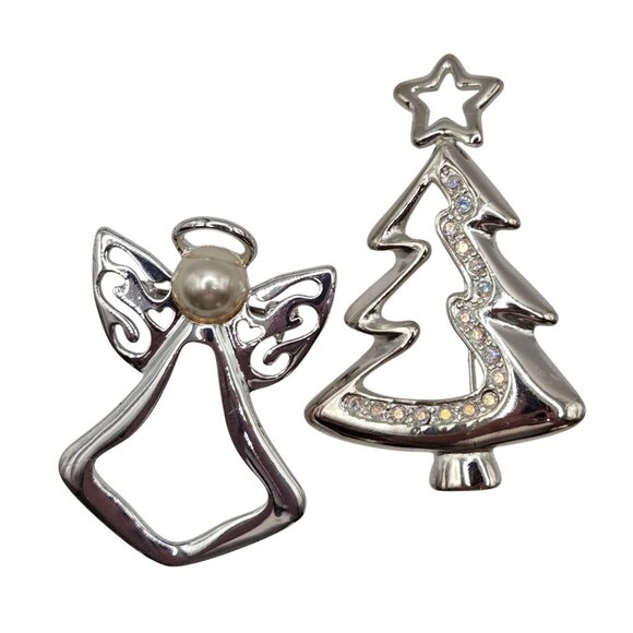 VTG Brooch 2PC Set Christmas Tree Star Prayer Angel Faux Pearl Silver Tone Pins - Picture 1 of 11